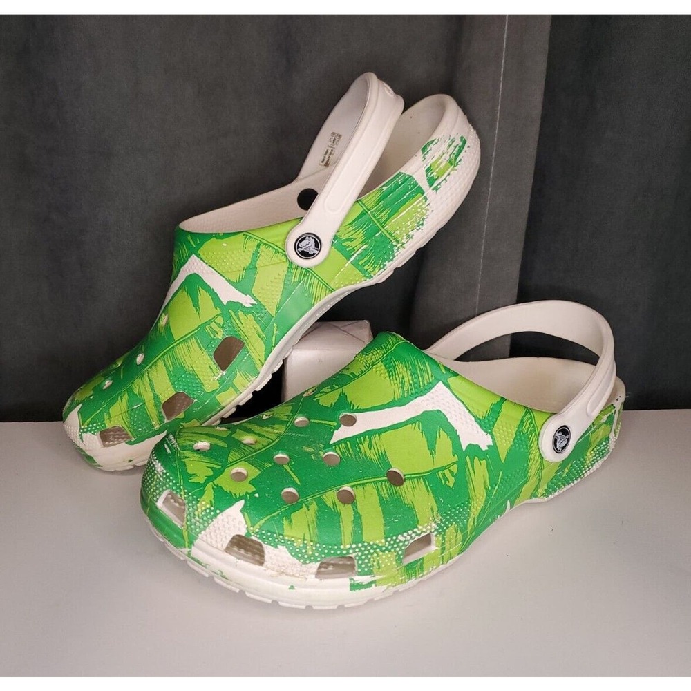 CROCS Classic Clog White Green Palm Leaves RARE Design US Men's Size 13